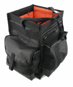 Pro Aerial Bucket tool bag in black and orange with large external pockets, anchorage strap and tethering points.