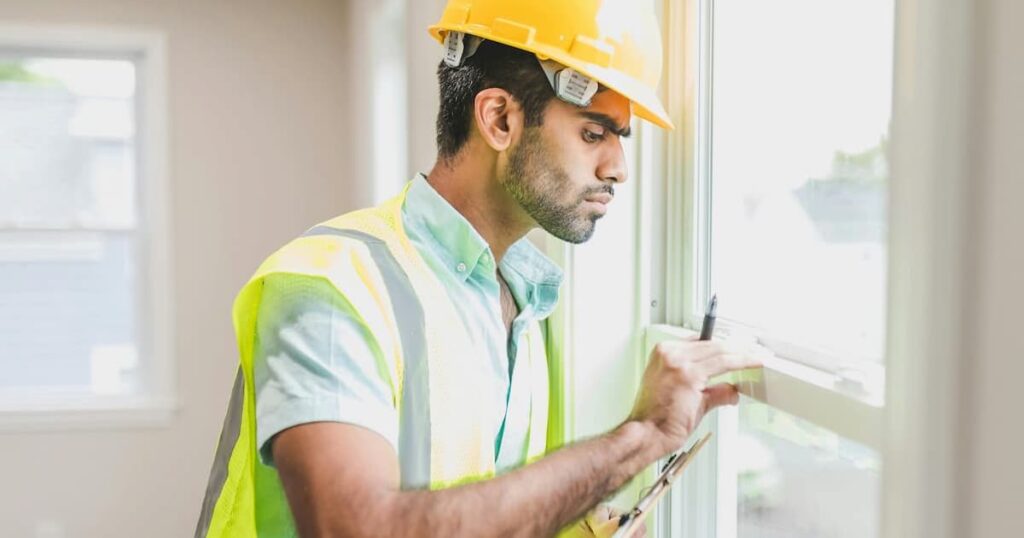 Man wearing yellow hi-vis and hard hat completing a safety check inspection